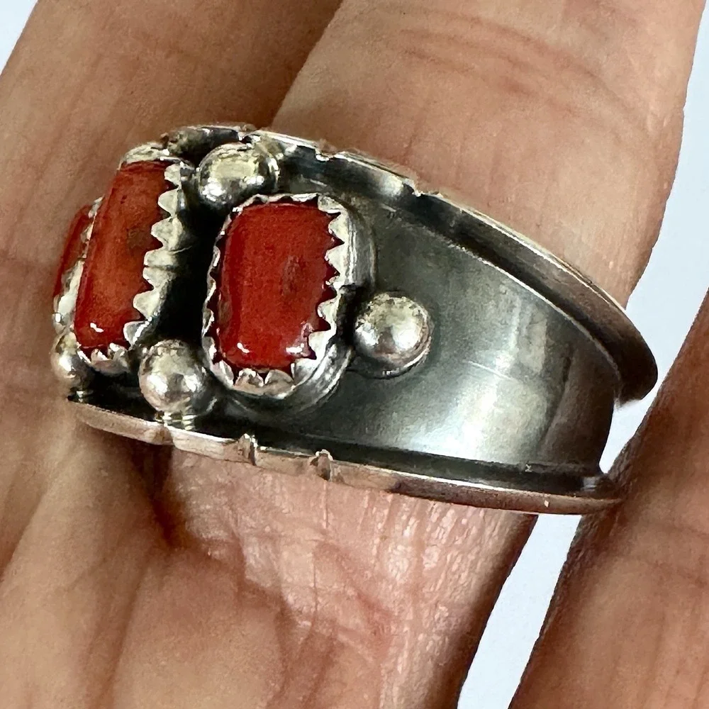 Red Coral Wedding Band Ring Sz 11 Navajo 13mm Native American Dark Sterling Mens